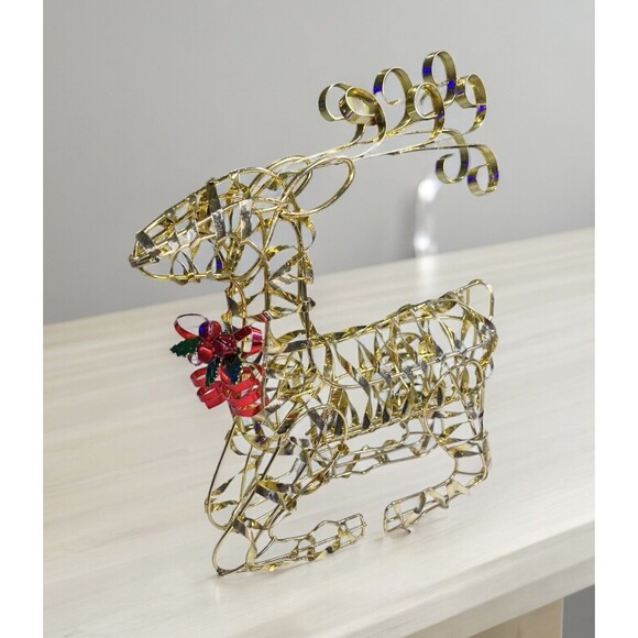 Reindeer Christmas Gold Tone Twisted Metal Wire Figurine Jingle Bell Bow - Picture 1 of 10